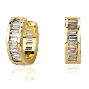 Men's 14K Gold 925 Sterling Silver Iced Channel Set Cz Baguette Hoop Earrings